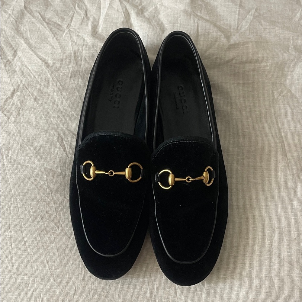 Gucci Black Velvet Loafers with Gold Accents